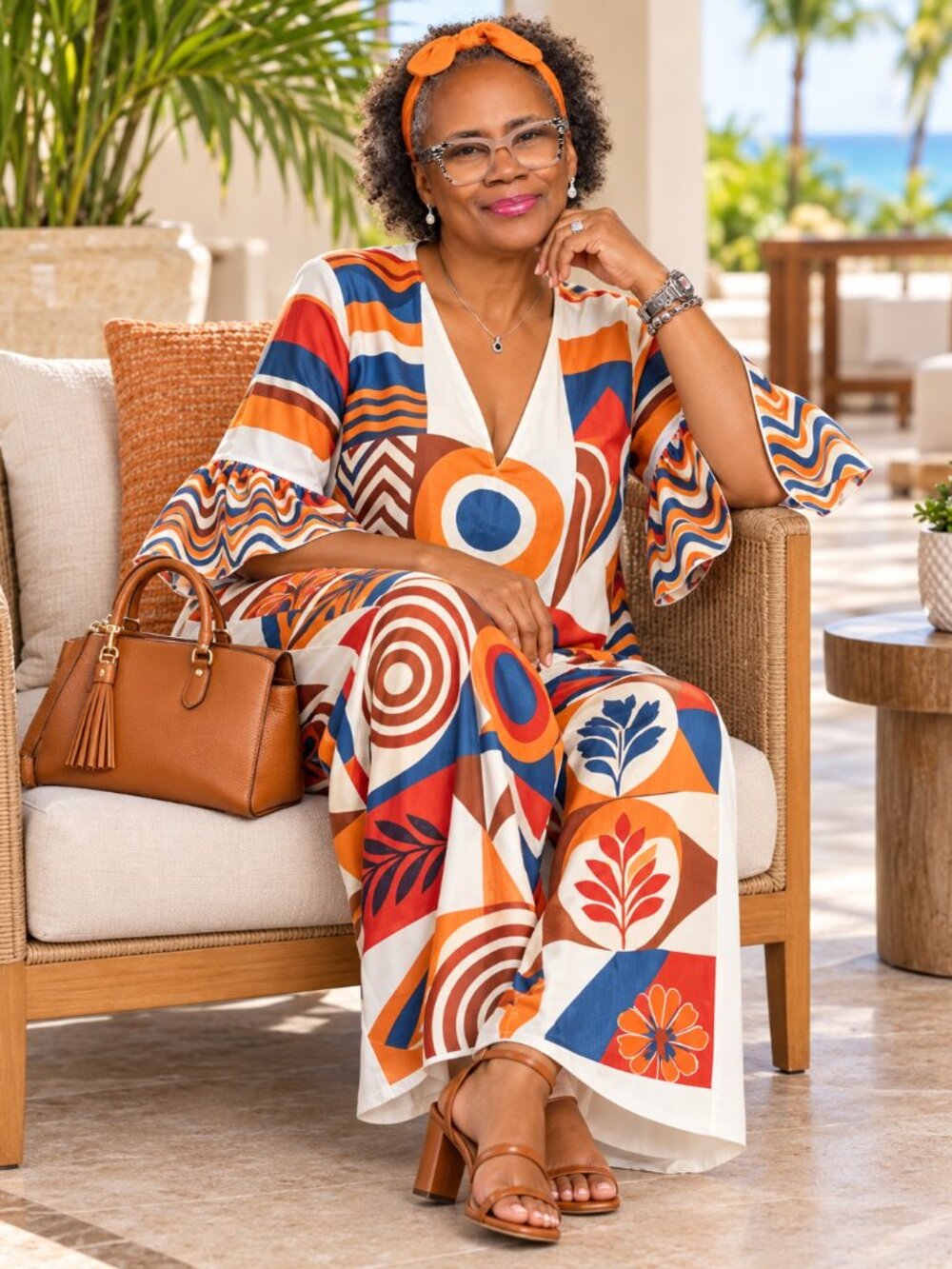Bold two-piece pant set featuring a colorful retro-inspired geometric print in o